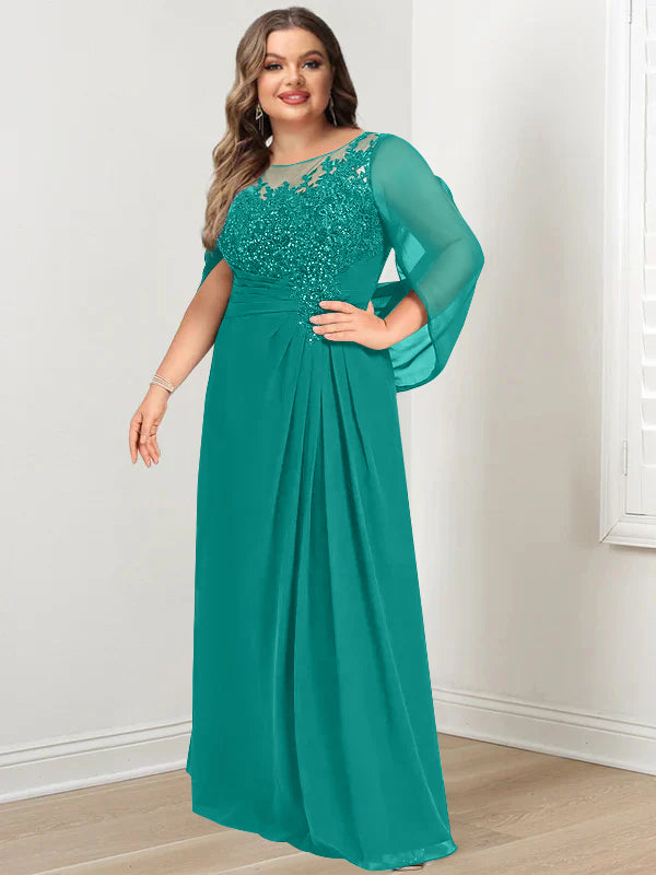 A-Line/Princess Scoop Floor-Length Plus Size Mother of the Bride Dresses with Pleated & Sequins