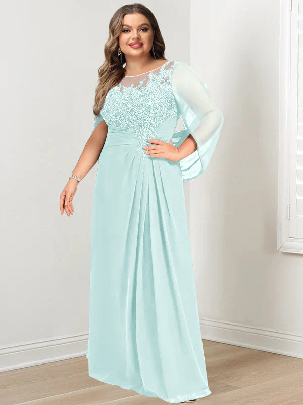 A-Line/Princess Scoop Floor-Length Plus Size Mother of the Bride Dresses with Pleated & Sequins