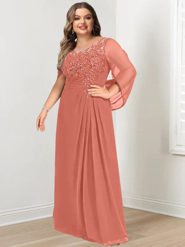 A-Line/Princess Scoop Floor-Length Plus Size Mother of the Bride Dresses with Pleated & Sequins