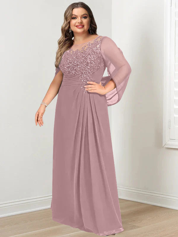 A-Line/Princess Scoop Floor-Length Plus Size Mother of the Bride Dresses with Pleated & Sequins