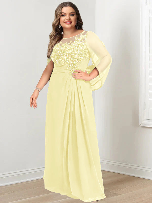 A-Line/Princess Scoop Floor-Length Plus Size Mother of the Bride Dresses with Pleated & Sequins