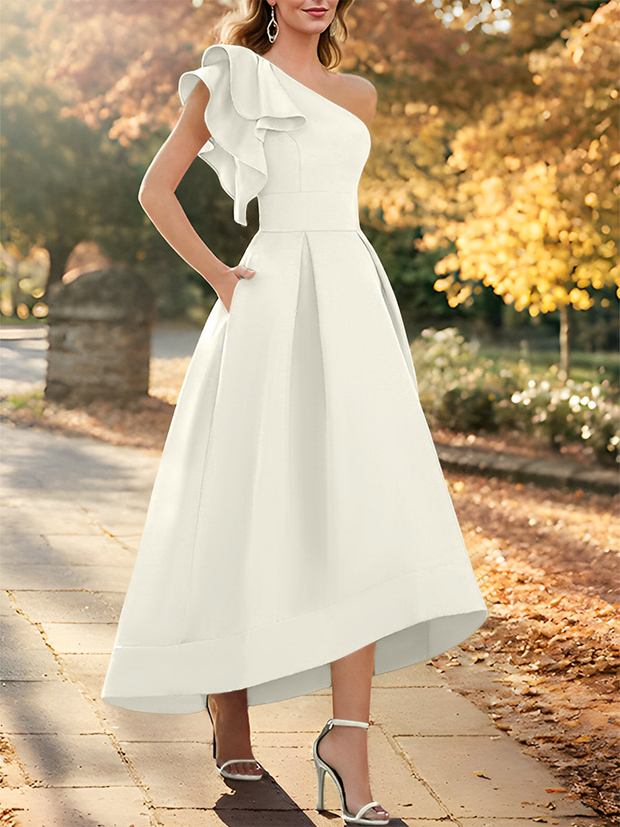A-Line/Princess One-Shoulder Sleeveless Asymmetrical Mother of the Bride Dresses with Ruffles Taupe