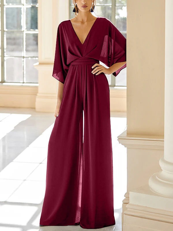Chiffon V-Neck Mother of the Bride Pantsuits with Pockets