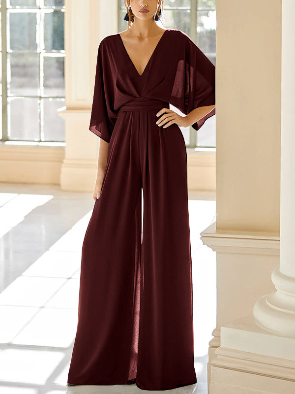 Chiffon V-Neck Mother of the Bride Pantsuits with Pockets