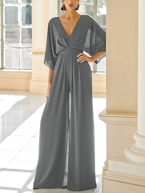 Chiffon V-Neck Mother of the Bride Pantsuits with Pockets