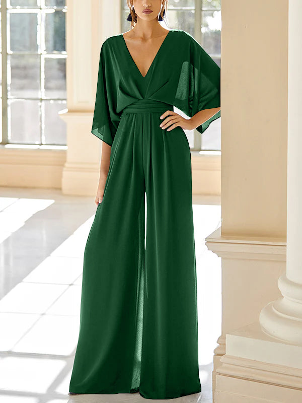 Chiffon V-Neck Mother of the Bride Pantsuits with Pockets