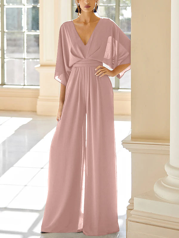 Chiffon V-Neck Mother of the Bride Pantsuits with Pockets