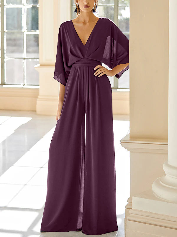 Chiffon V-Neck Mother of the Bride Pantsuits with Pockets