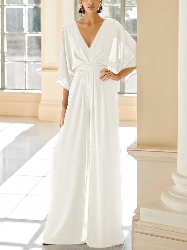 Chiffon V-Neck Mother of the Bride Pantsuits with Pockets