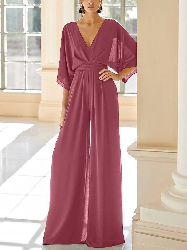 Chiffon V-Neck Mother of the Bride Pantsuits with Pockets