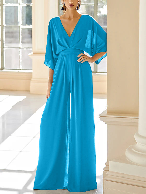 Chiffon V-Neck Mother of the Bride Pantsuits with Pockets