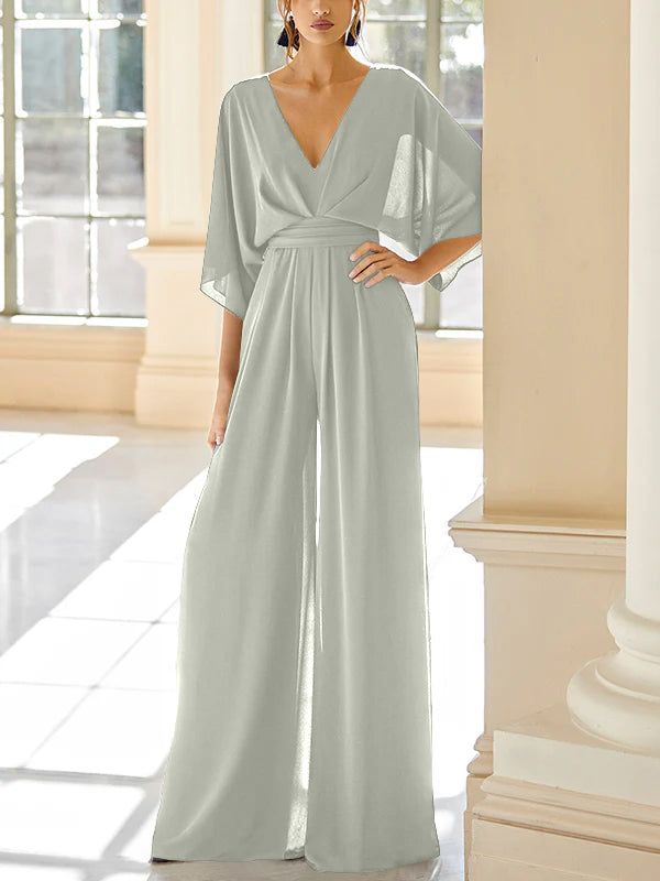 Chiffon V-Neck Mother of the Bride Pantsuits with Pockets