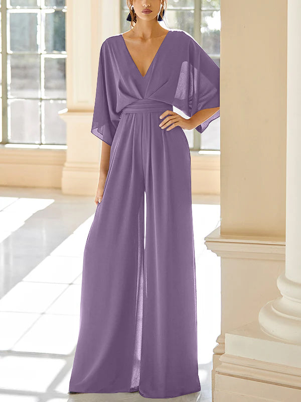 Chiffon V-Neck Mother of the Bride Pantsuits with Pockets