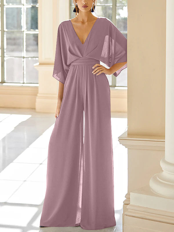 Chiffon V-Neck Mother of the Bride Pantsuits with Pockets