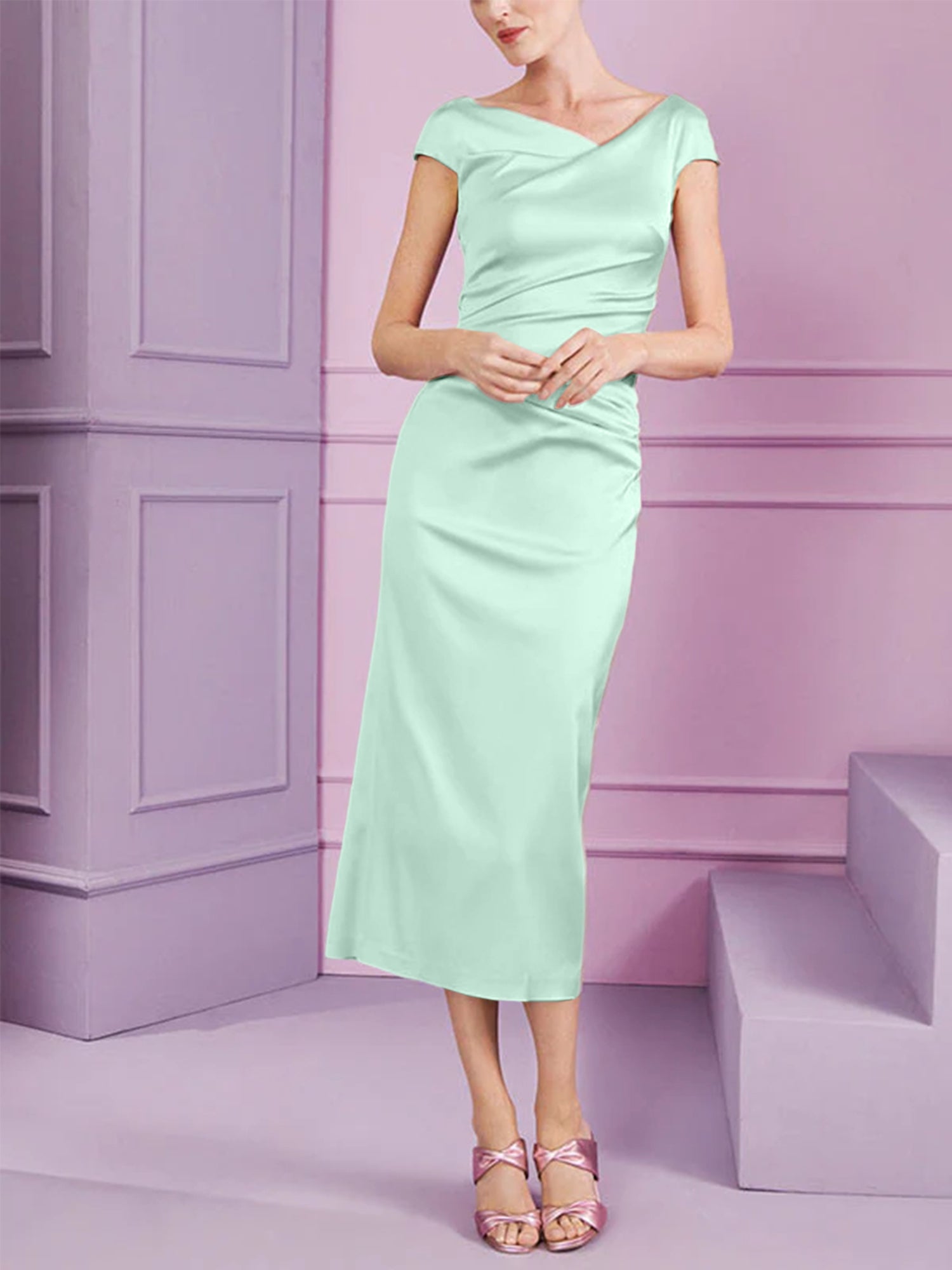 Sheath/Column Cowl Neck Short Sleeves Tea-Length Mother of