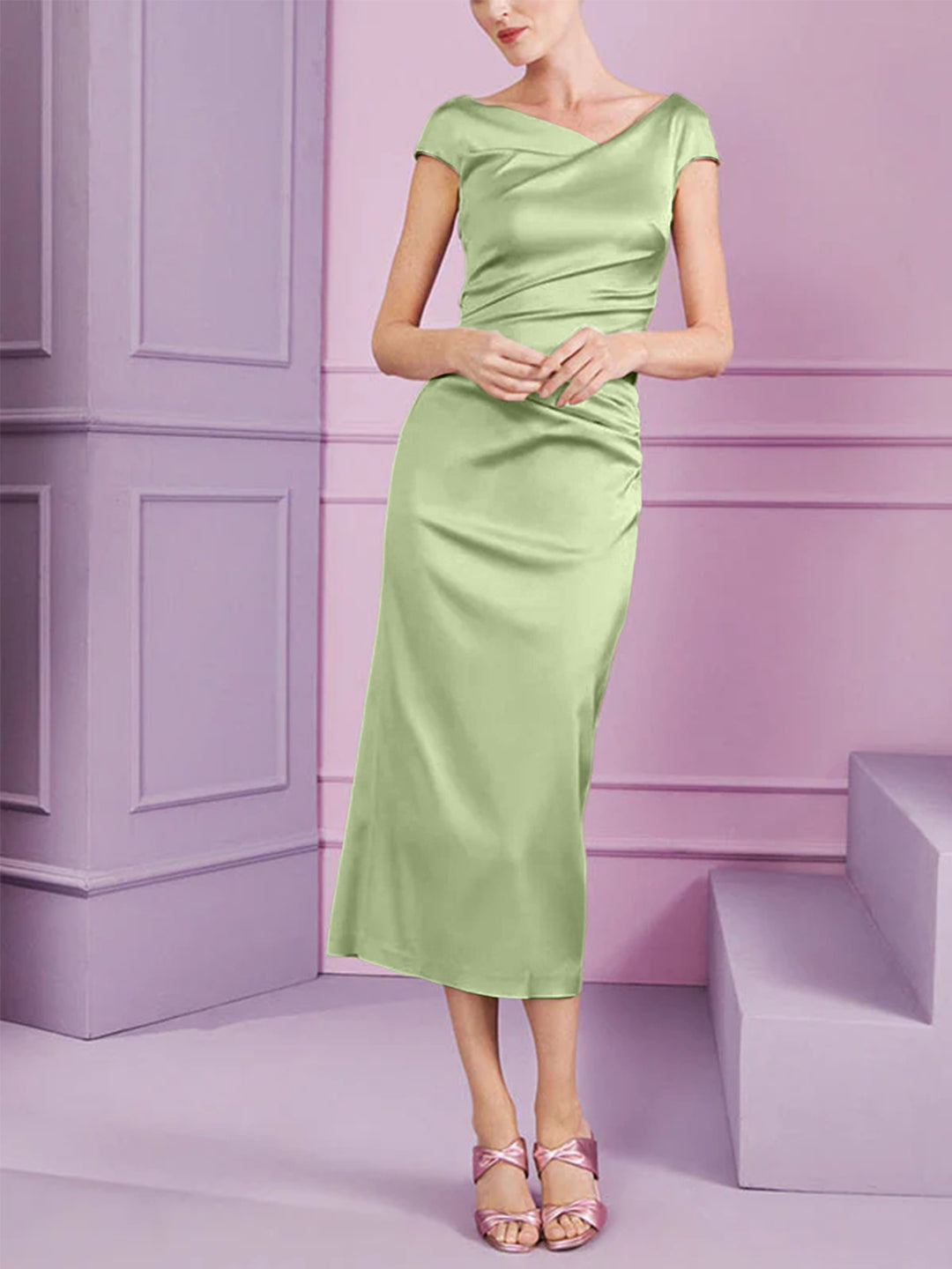 Sheath/Column Cowl Neck Short Sleeves Tea-Length Mother of the Bride Dresses with Ruffles Silver