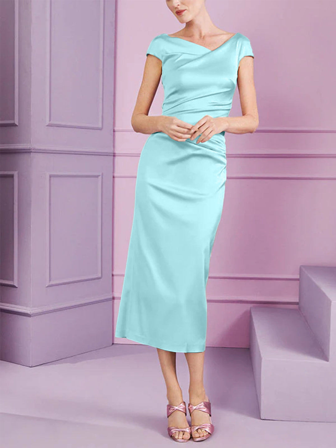 cowl neck short sleeve dress Cowl Neck Short Sleeve Knee-Length Sheath/Column Satin Mother of the Bride Dress With Pleated Appliqued Lace - Moms Dresses