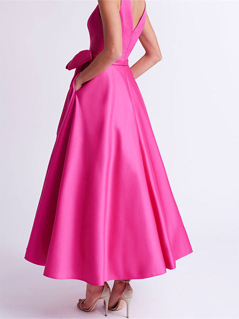 A-Line/Princess Deep V-Neck Sleeveless Ankle-Length Plus Size Prom Dresses With Ruffles