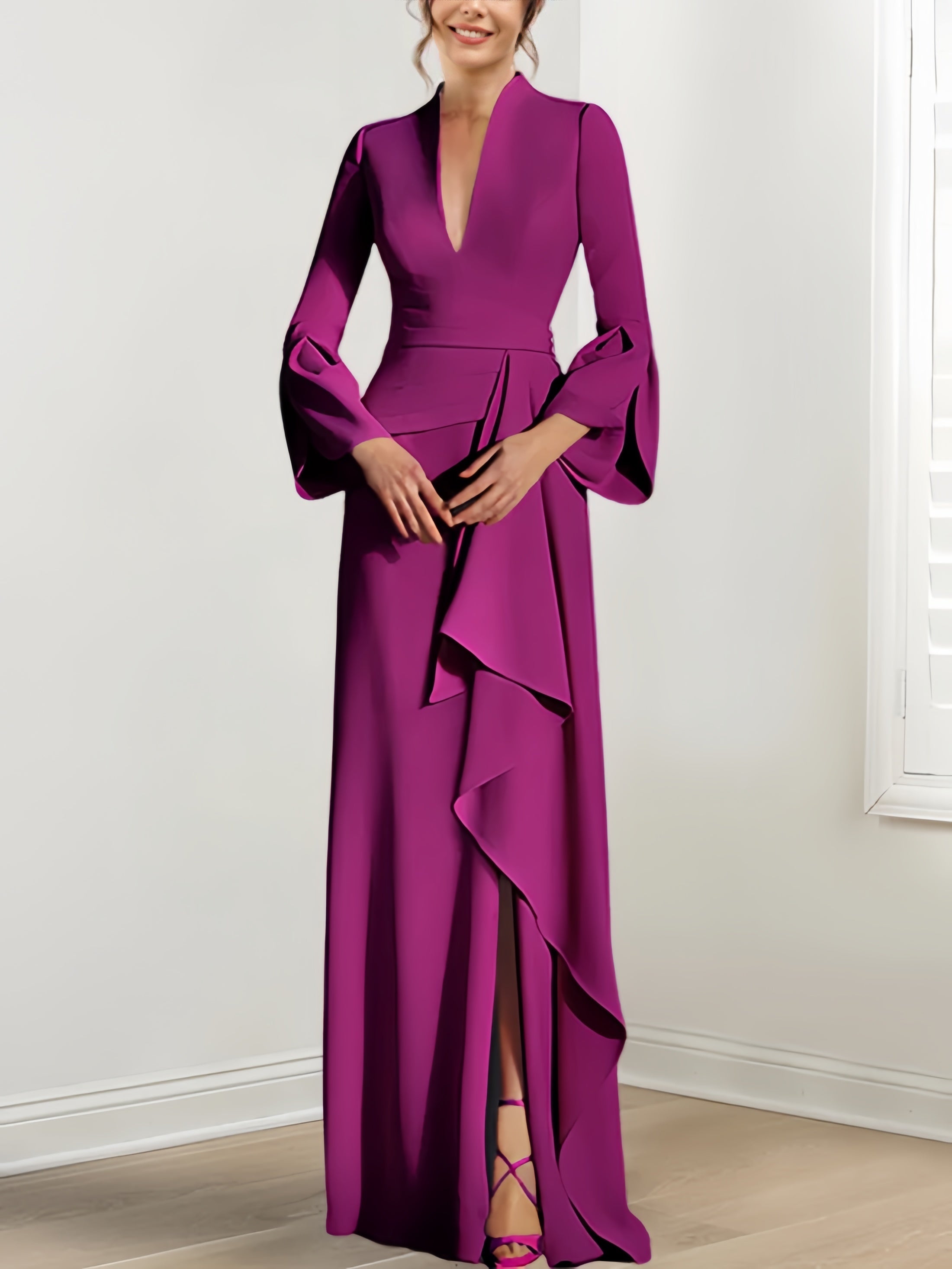 Sheath/Column V-Neck Long Sleeves Floor-Length Mother of the Bride