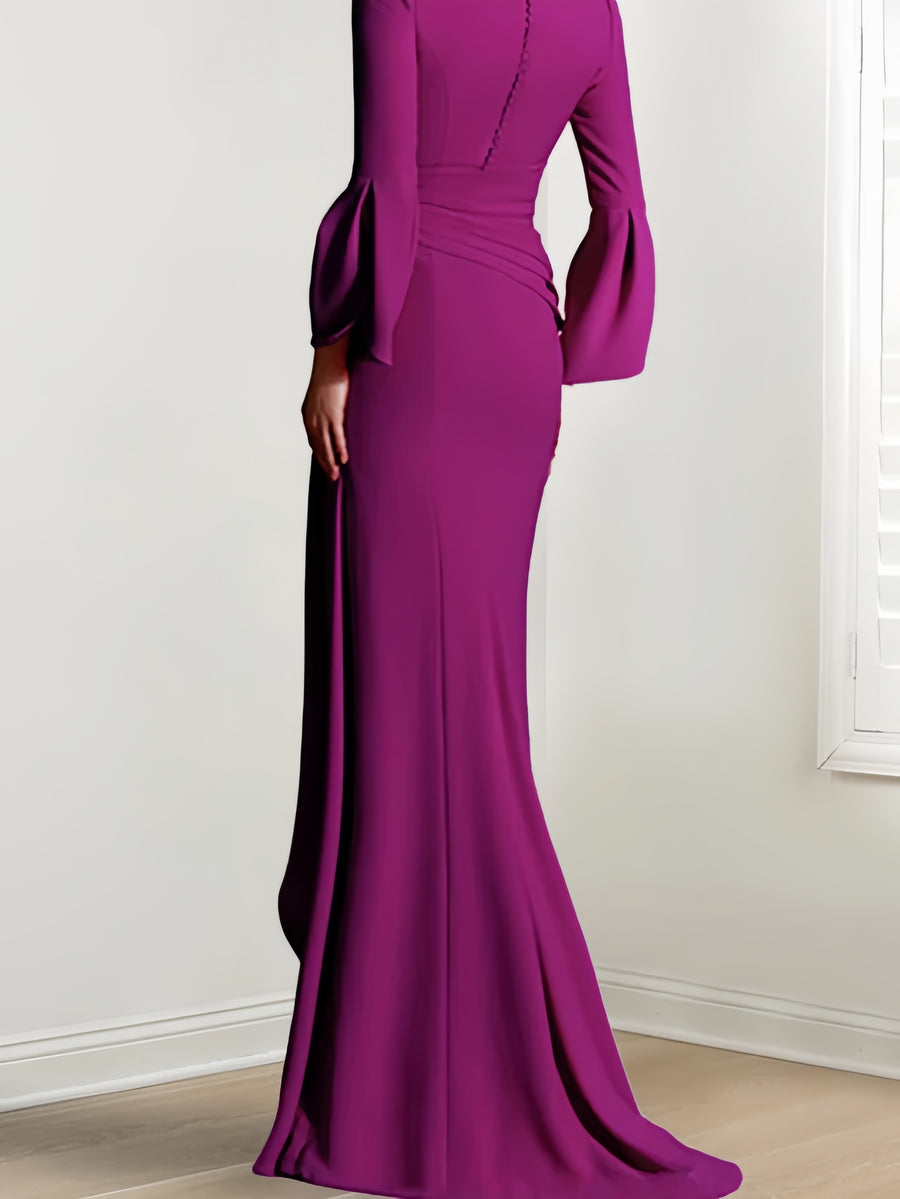 Sheath/Column V-Neck Long Sleeves Floor-Length Mother of the Bride Dresses With Pleats