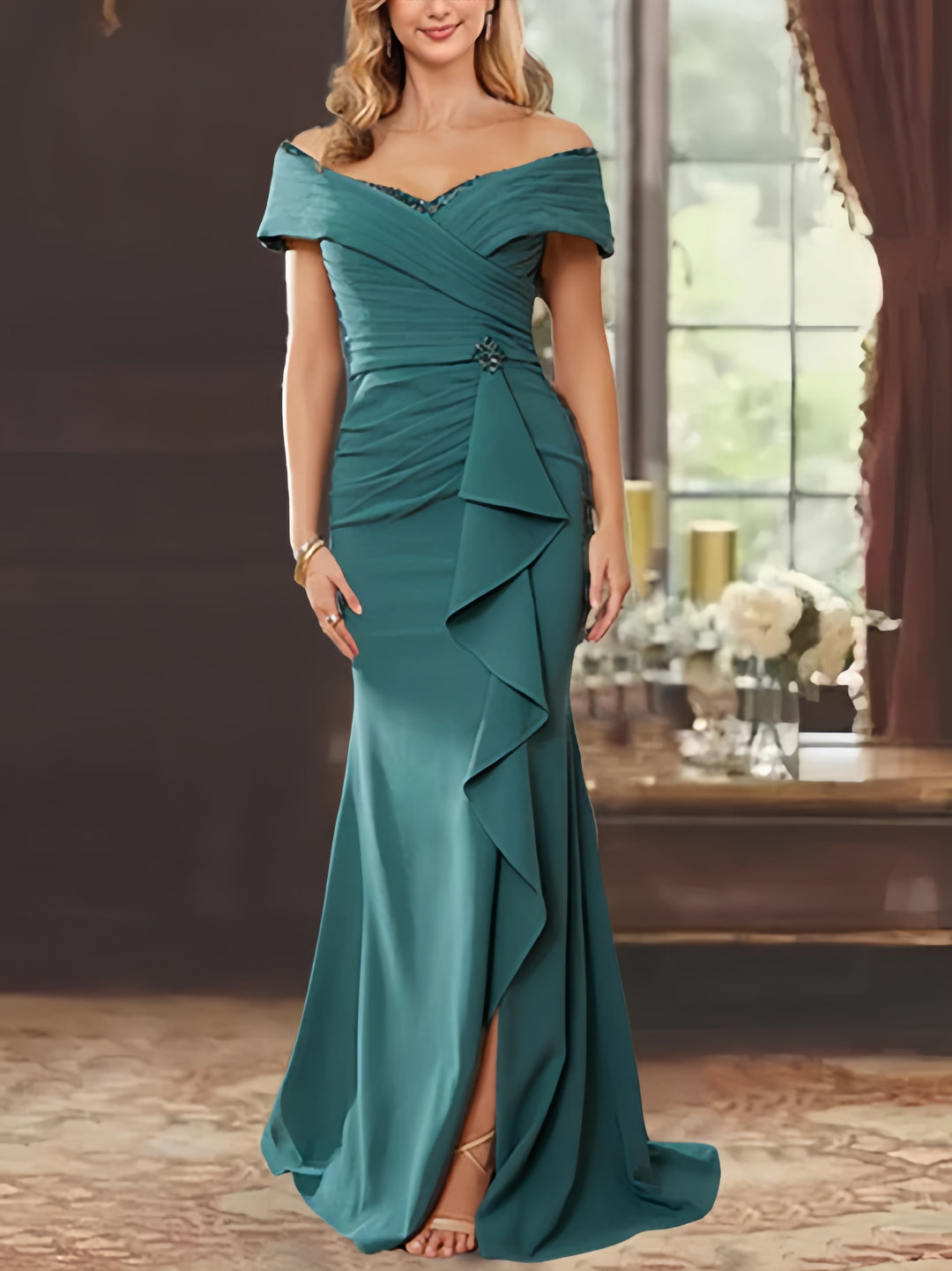 Sheath/Column Off-the-Shoulder Sleeveless Floor-Length Mother of the Bride Dresses With Ruffles