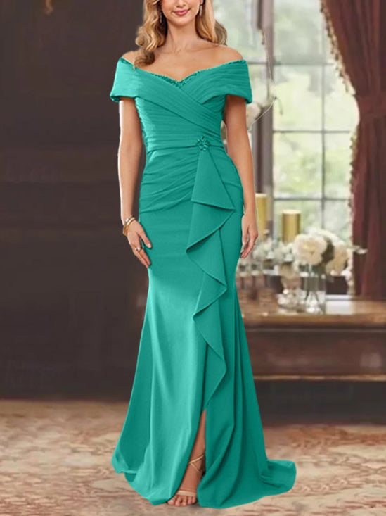 Sheath/Column Floor-Length Off-the-Shoulder  Mother of the Bride Dresses with Ruffles