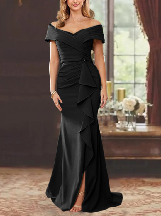 Mother of The Groom Gowns Black Women's Sheath Off The Shoulder Long Wedding Party Guest Formal Evening Gowns with Ruffles Mother of The Groom Gowns Black Women's Sheath Off The Shoulder Long Wedding Party Guest Formal Evening Gowns with Ruffles