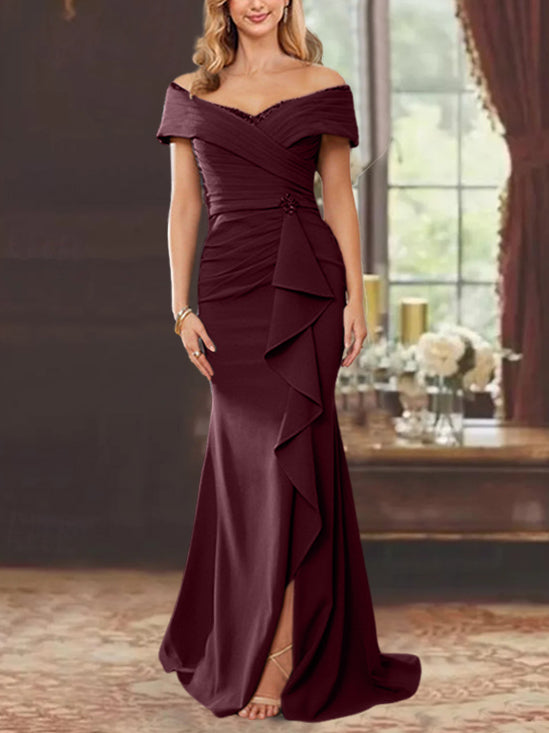 Burgundy Mother of The Bride Gown for Women Sophisticated Off Shoulder Floor Length Formal Evening Gowns with Ruffles Burgundy Mother of The Bride Gown for Women Sophisticated Off Shoulder Floor Length Formal Evening Gowns with Ruffles