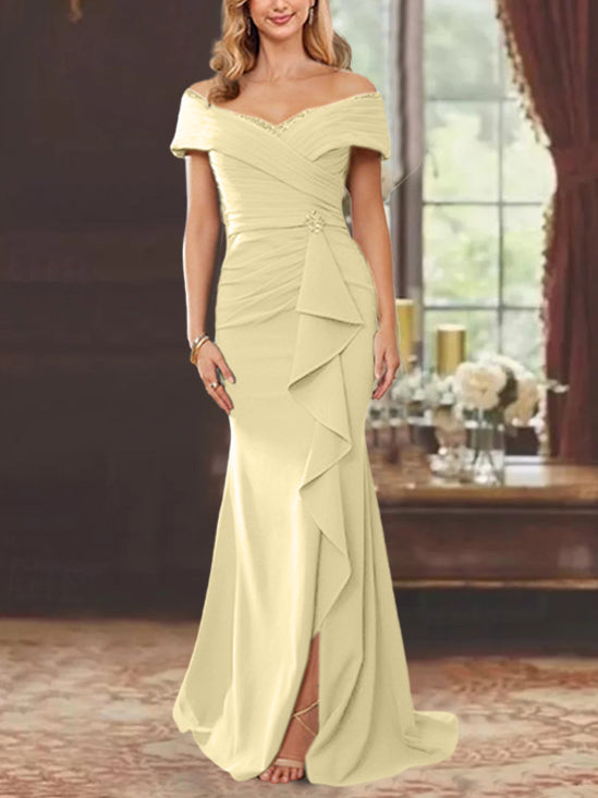 Sheath/Column Off-the-Shoulder Sleeveless Floor-Length Mother of the Bride Dresses With Ruffles