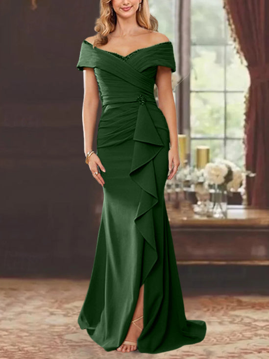 Sheath/Column Off-the-Shoulder Sleeveless Floor-Length Mother of the Bride Dresses With Ruffles Emerald Sheath/Column Off-the-Shoulder Sleeveless Floor-Length Mother of the Bride Dresses With Ruffles Emerald