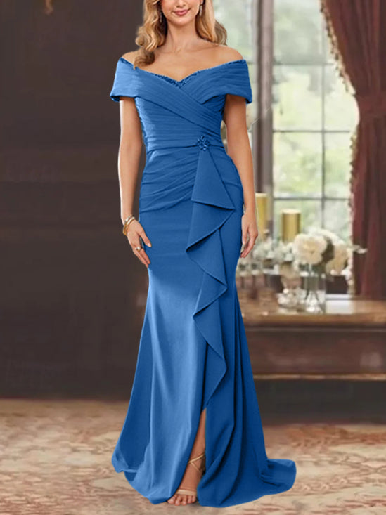 Sheath/Column Off-the-Shoulder Sleeveless Floor-Length Mother of the Bride Dresses With Ruffles Light Royal Blue Sheath/Column Off-the-Shoulder Sleeveless Floor-Length Mother of the Bride Dresses With Ruffles Light Royal Blue