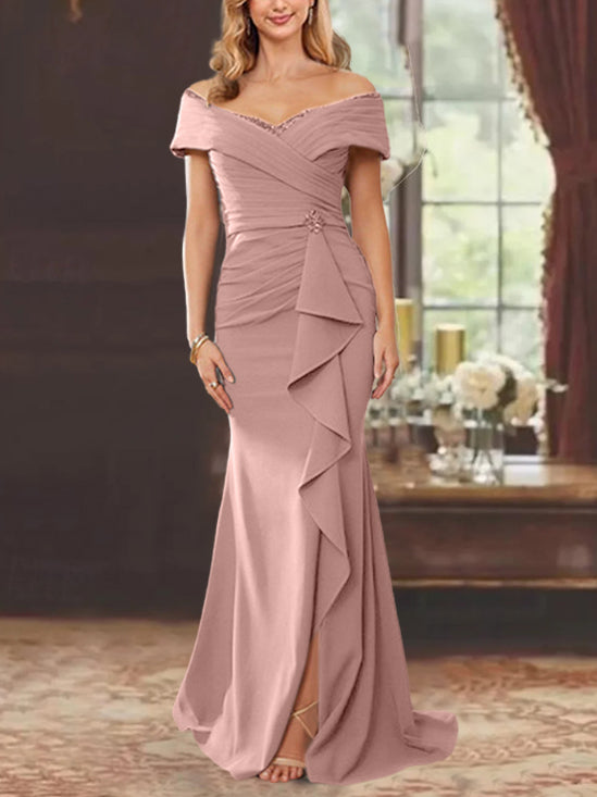 Sheath/Column Off-the-Shoulder Sleeveless Floor-Length Mother of the Bride Dresses With Ruffles