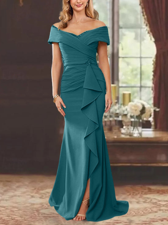 Sheath/Column Floor-Length Off-the-Shoulder  Mother of the Bride Dresses with Ruffles