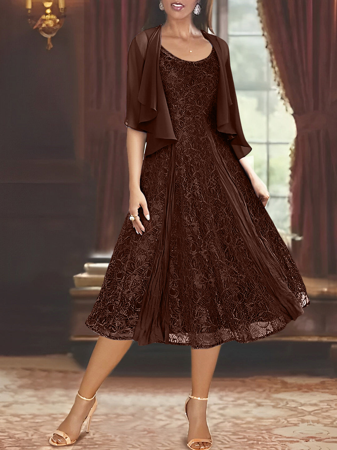 A-Line/Princess Scoop Half Sleeves Tea-Length Mother of the Bride Dresses with Appliques & Wrap Brown A-Line/Princess Scoop Half Sleeves Tea-Length Mother of the Bride Dresses with Appliques & Wrap Brown