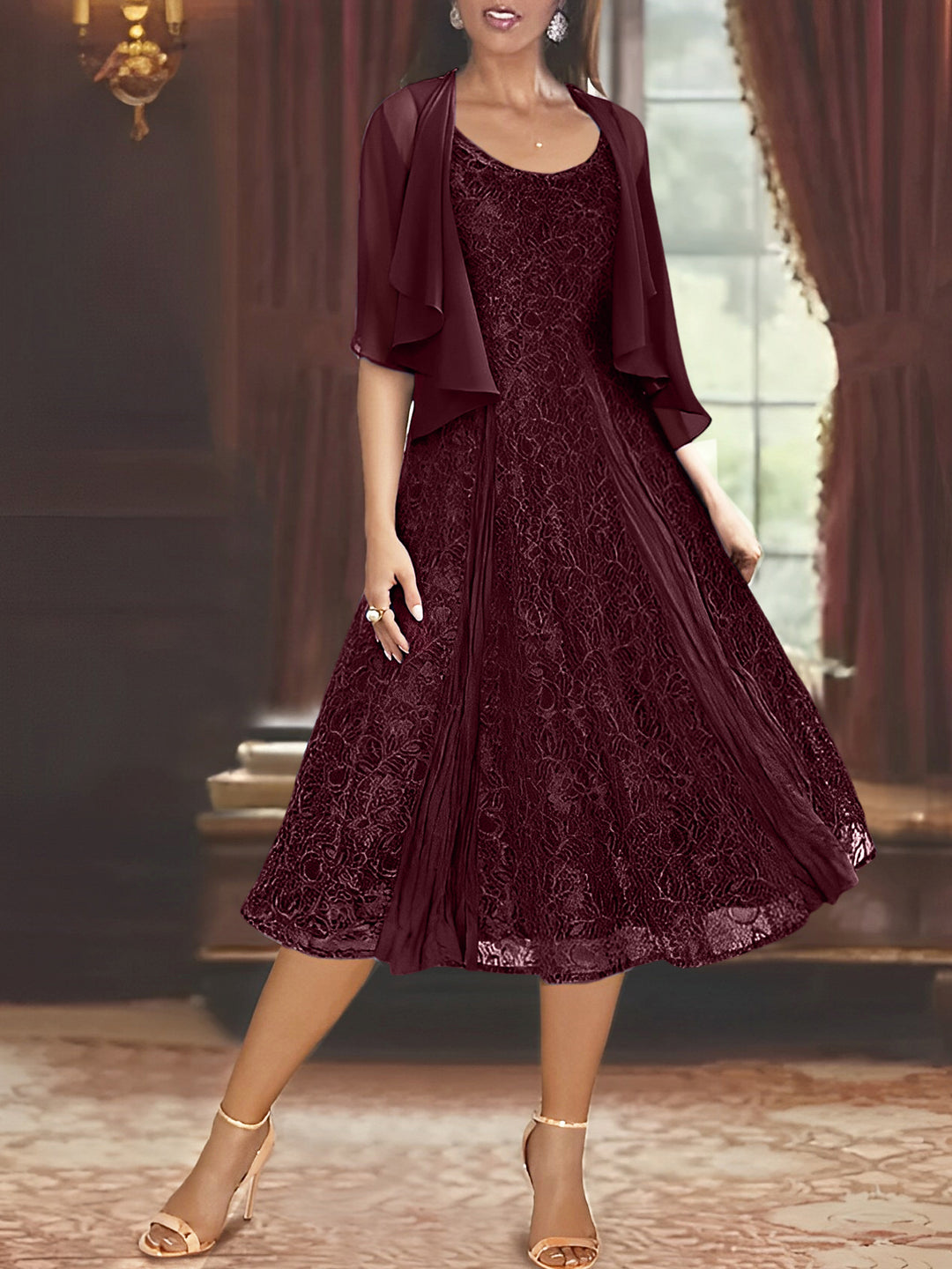 A-Line/Princess Scoop Half Sleeves Tea-Length Mother of the Bride Dresses with Appliques & Wrap Plum A-Line/Princess Scoop Half Sleeves Tea-Length Mother of the Bride Dresses with Appliques & Wrap Plum