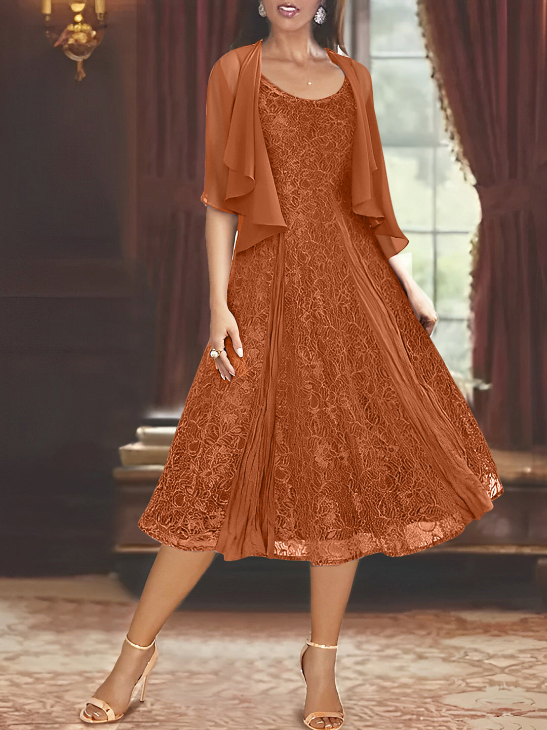 A-Line/Princess Scoop Half Sleeves Tea-Length Mother of the Bride Dresses with Appliques & Wrap Brown A-Line/Princess Scoop Half Sleeves Tea-Length Mother of the Bride Dresses with Appliques & Wrap Brown