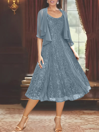 Dusty Pink Short Sleeves Column Tea Length Bateau Neck Mother of the Bride Dress
