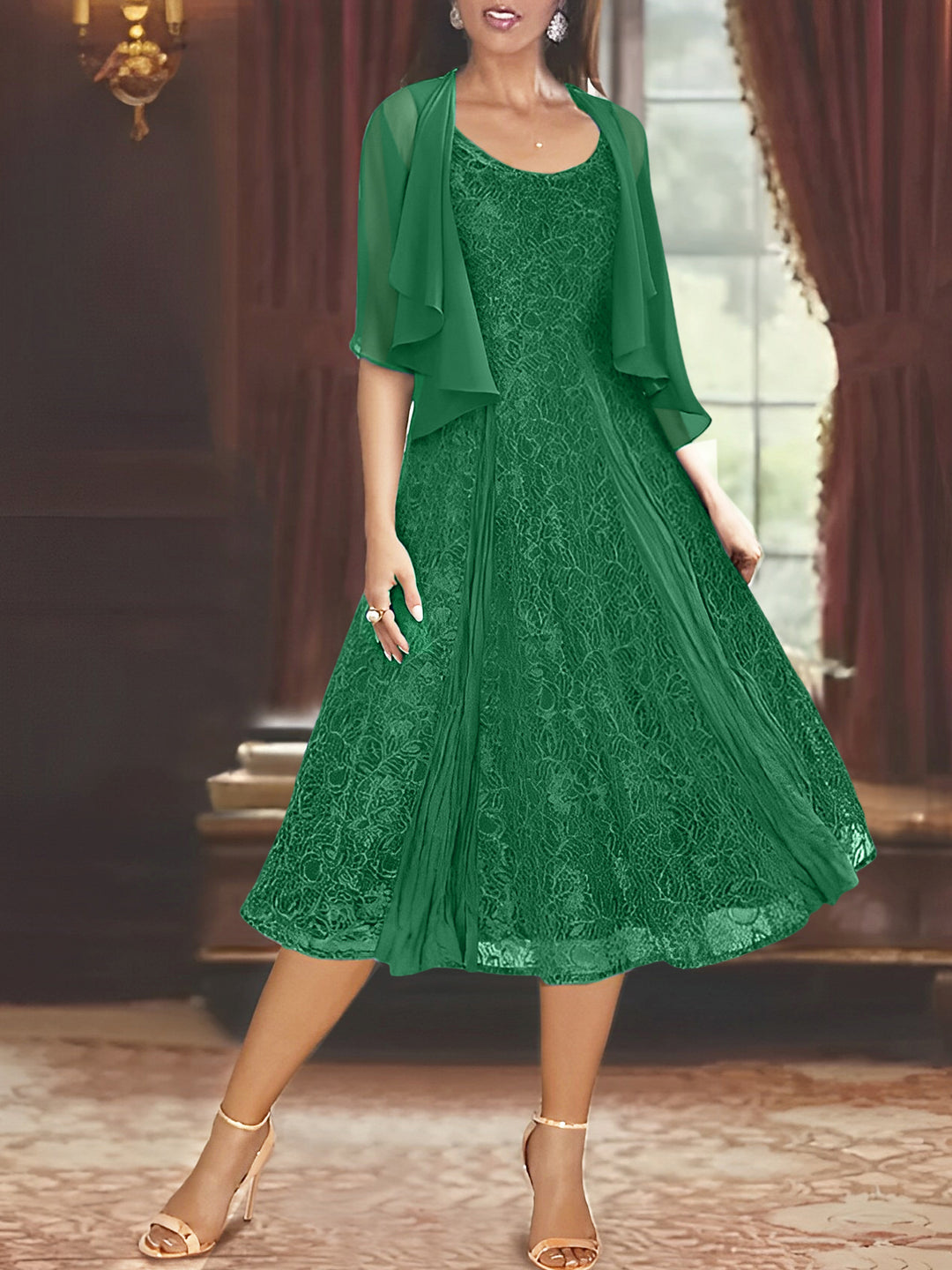 A-Line/Princess Scoop Half Sleeves Tea-Length Mother of the Bride Dresses with Appliques & Wrap Dark Green A-Line/Princess Scoop Half Sleeves Tea-Length Mother of the Bride Dresses with Appliques & Wrap Dark Green