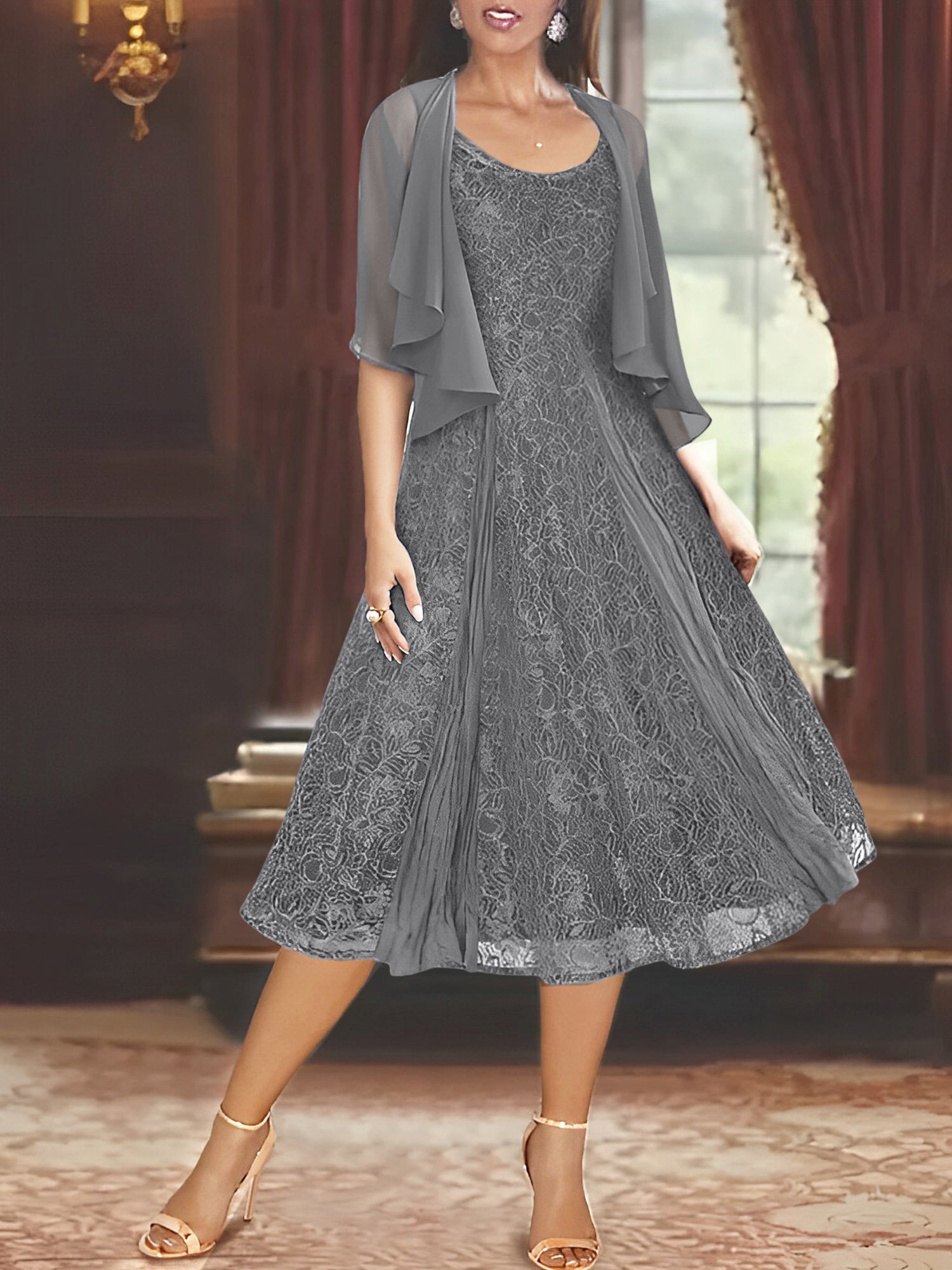 A-Line/Princess Scoop Half Sleeves Tea-Length Mother of the Bride