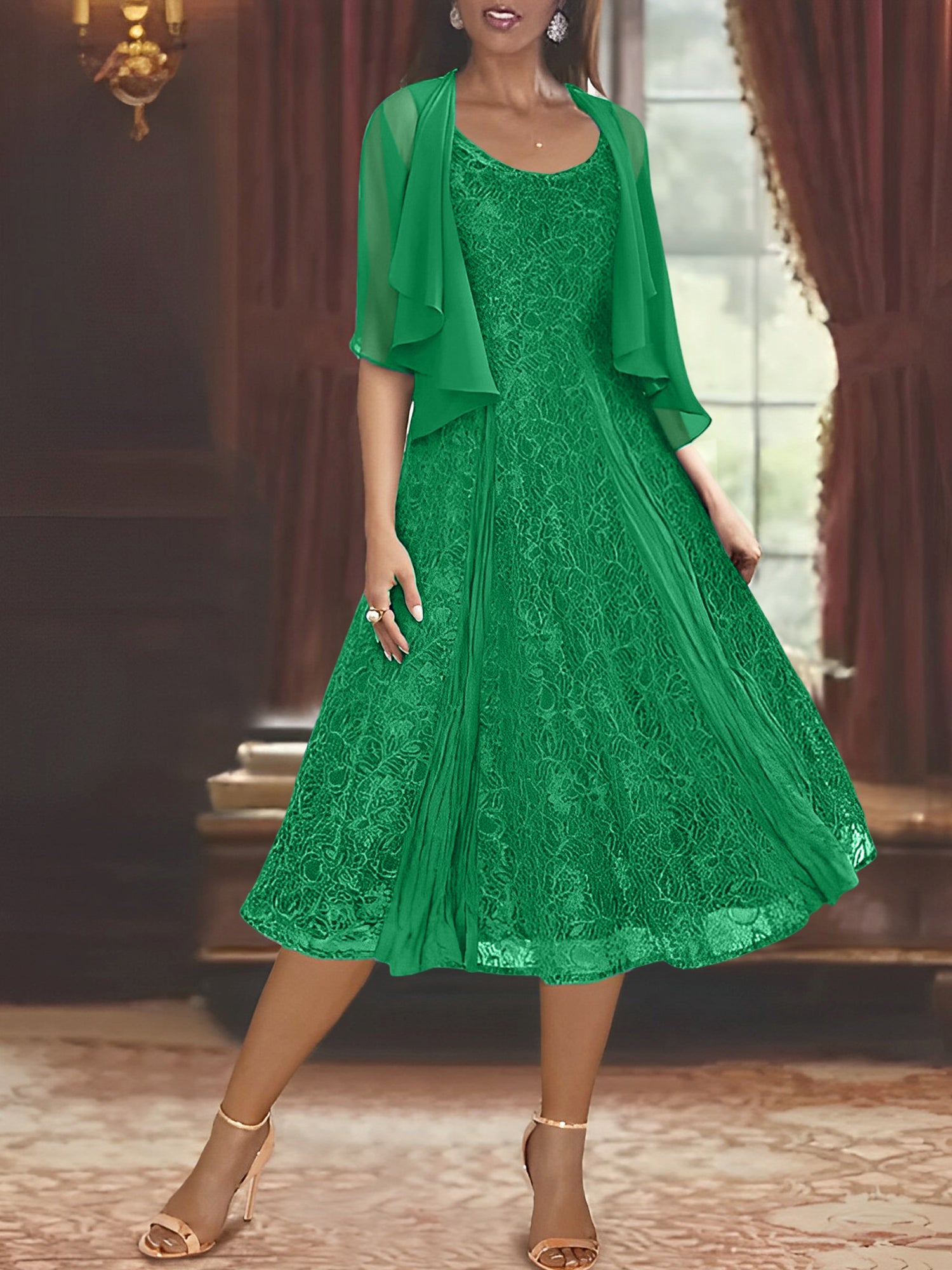 A-Line/Princess Scoop Half Sleeves Tea-Length Mother of the Bride