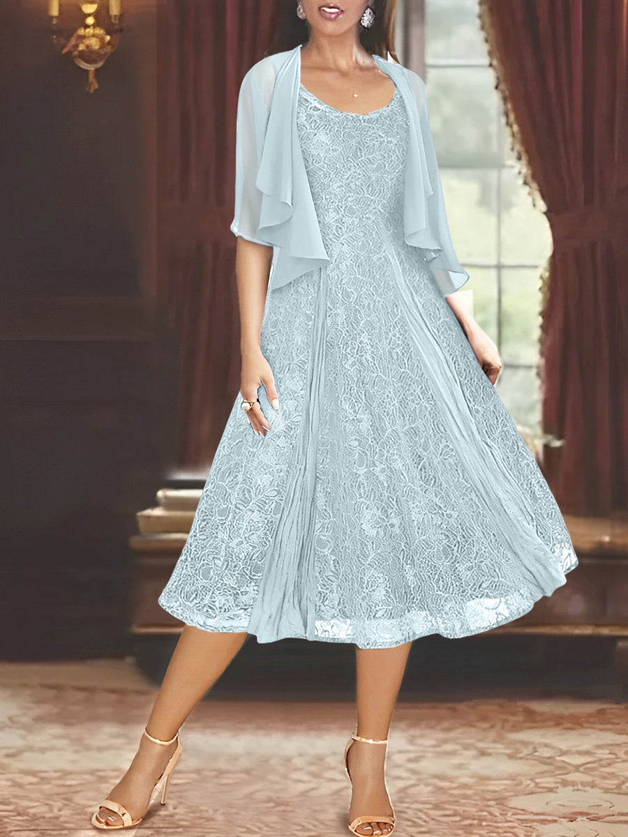 A-Line/Princess Scoop Half Sleeves Tea-Length Mother of the Bride Dresses with Appliques & Jacket