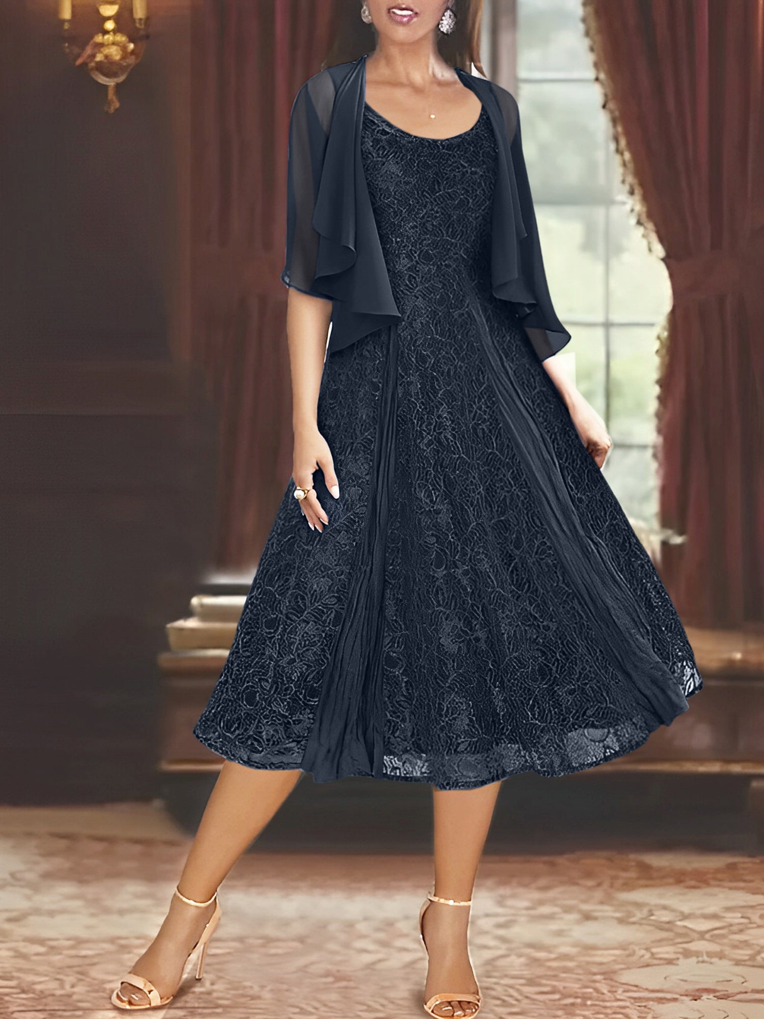 A-Line/Princess Scoop Half Sleeves Tea-Length Mother of the Bride