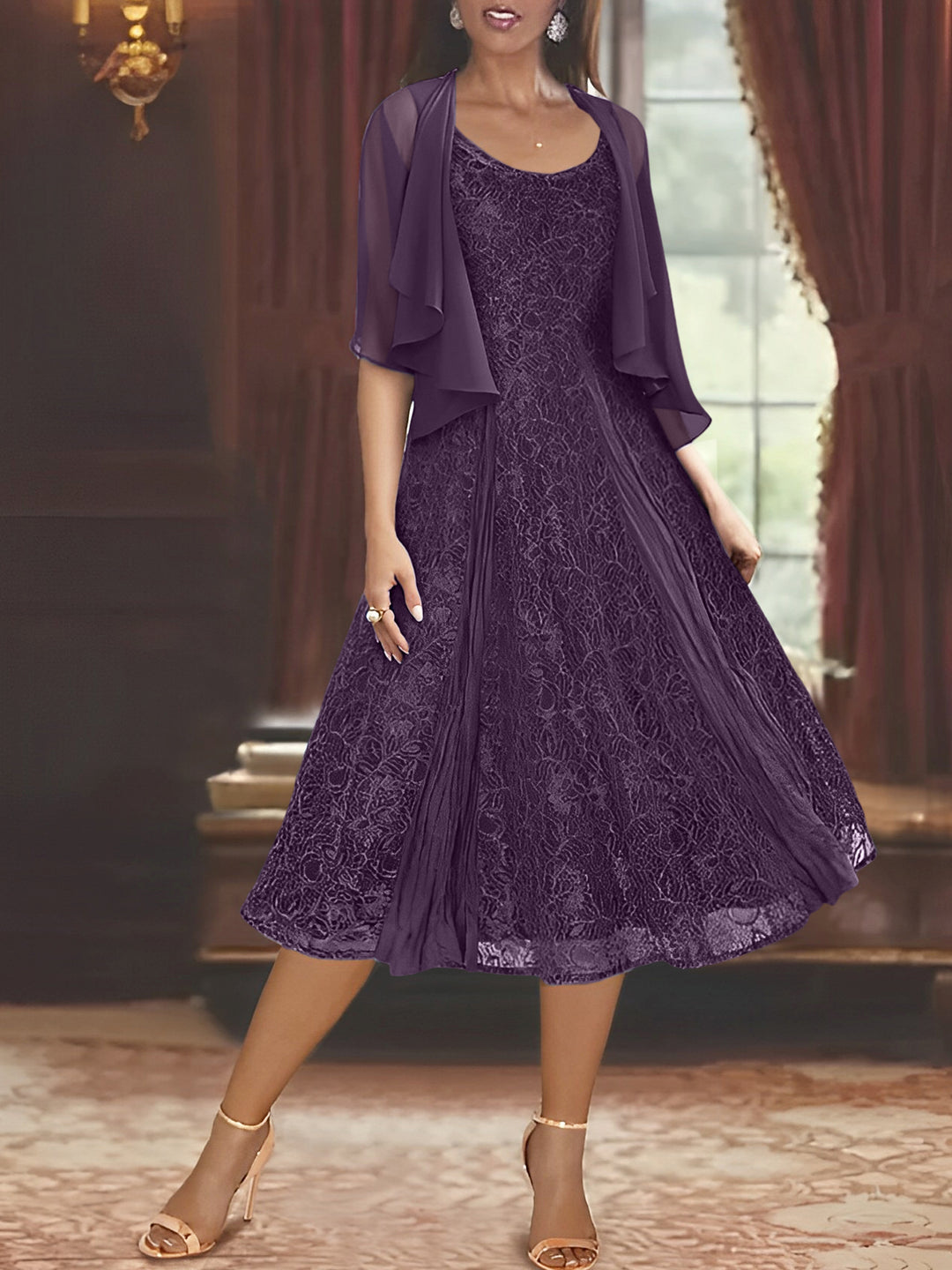 A-Line/Princess Scoop Half Sleeves Tea-Length Mother of the Bride Dresses with Appliques & Wrap Plum A-Line/Princess Scoop Half Sleeves Tea-Length Mother of the Bride Dresses with Appliques & Wrap Plum