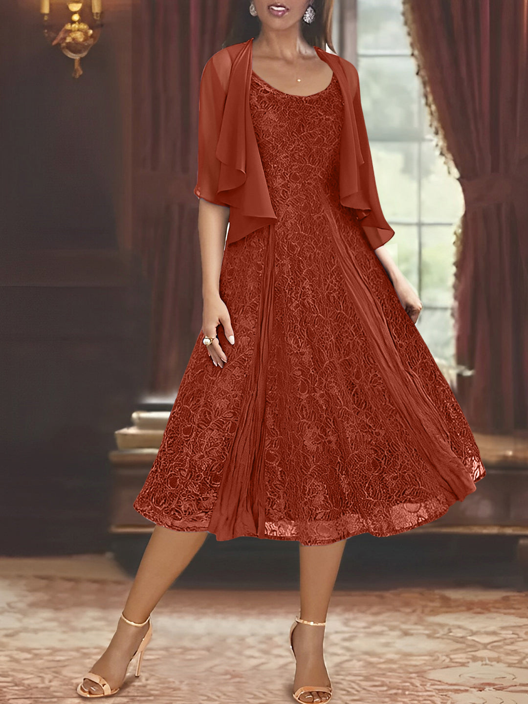 A-Line/Princess Scoop Half Sleeves Tea-Length Mother of the Bride Dresses with Appliques & Wrap Brown A-Line/Princess Scoop Half Sleeves Tea-Length Mother of the Bride Dresses with Appliques & Wrap Brown