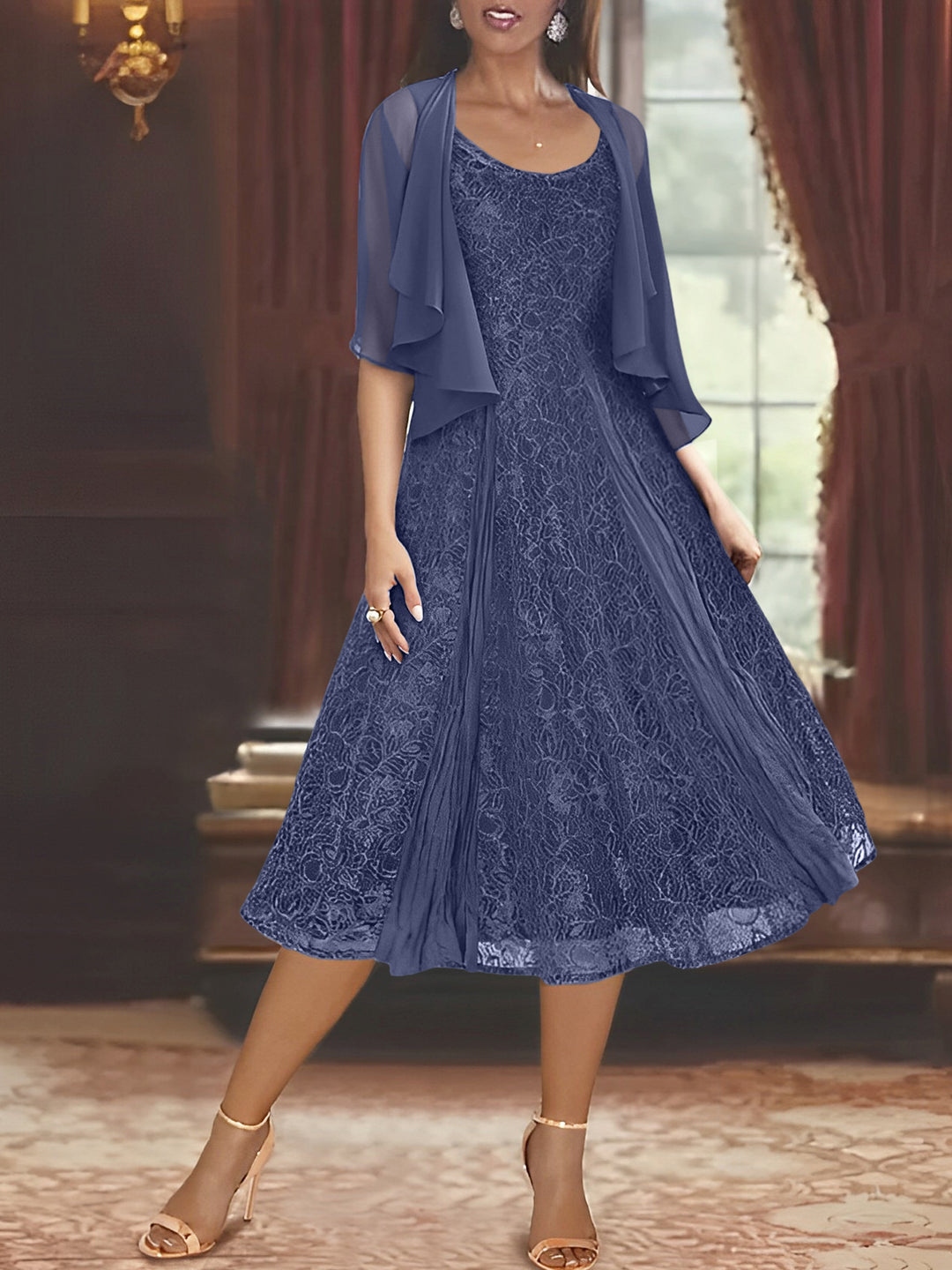 A-Line/Princess Scoop Tea-Length Mother of the Bride Dresses