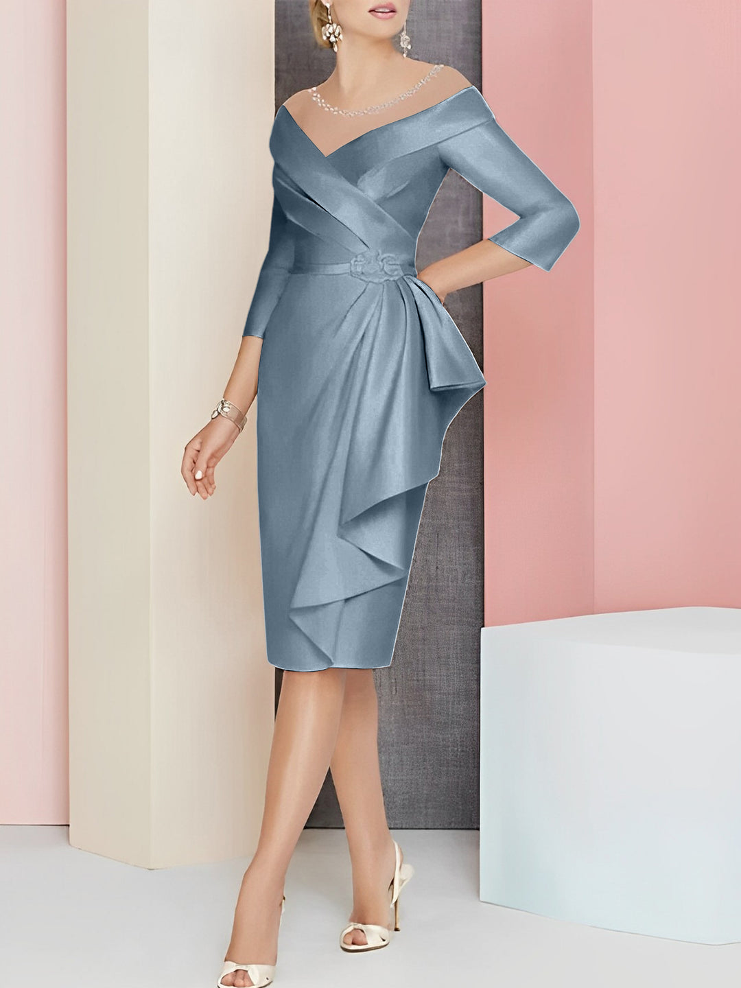 Sheath/Column V-Neck Knee-Length Mother of the Bride Dresses Blush Pink Sheath/Column V-Neck Knee-Length Mother of the Bride Dresses Blush Pink