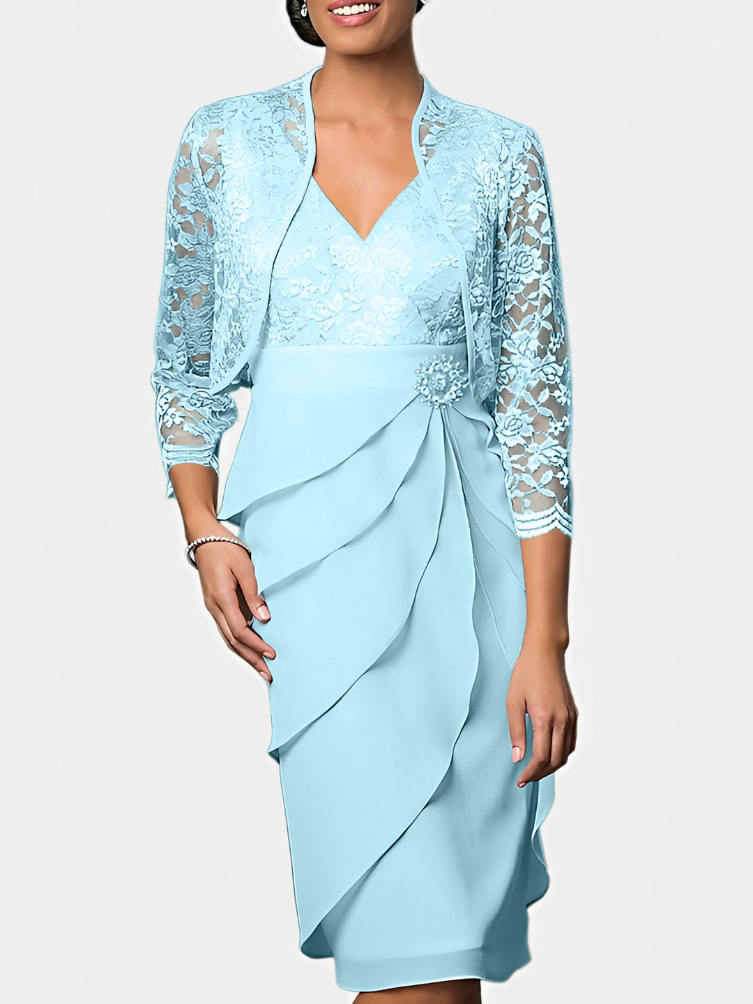 Sheath/Column V-Neck Knee-Length Mother of the Bride Dresses Aqua Blue Sheath/Column V-Neck Knee-Length Mother of the Bride Dresses Aqua Blue