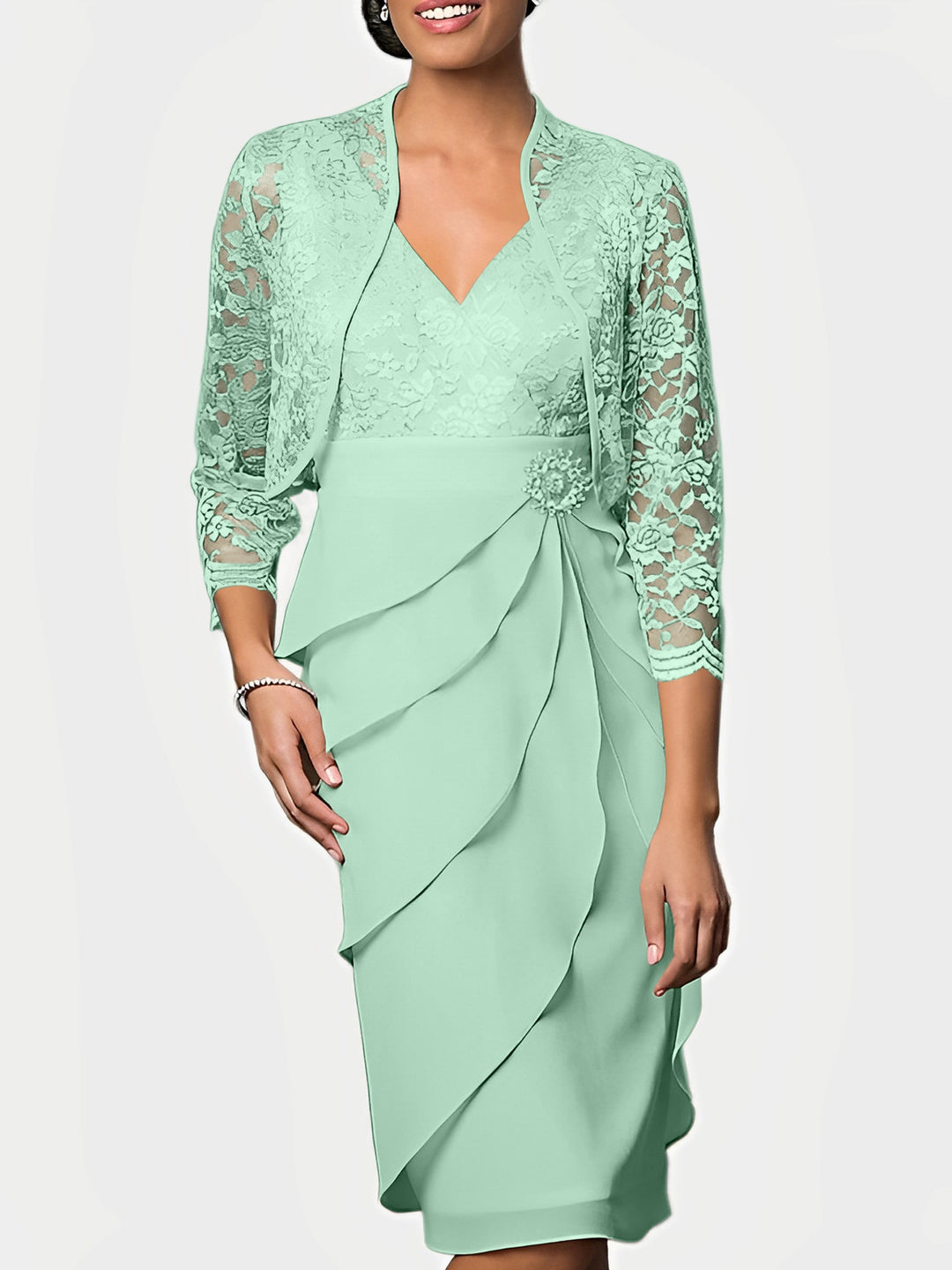 Sheath/Column V-Neck Knee-Length Mother of the Bride Dresses Aqua Blue Sheath/Column V-Neck Knee-Length Mother of the Bride Dresses Aqua Blue