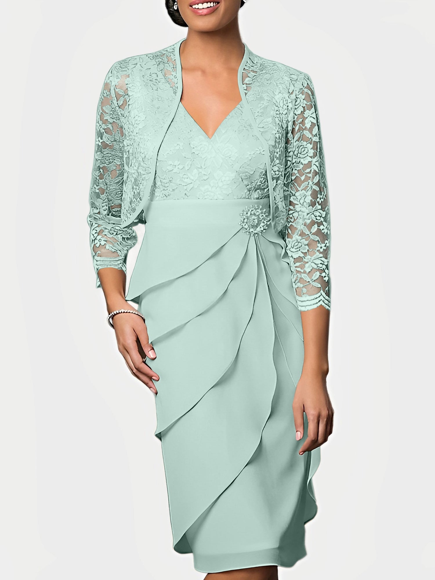 オケーションドレス　MAVIMOON　Maikey Sheath/Column V-Neck Knee-Length Mother of the Bride Dresses