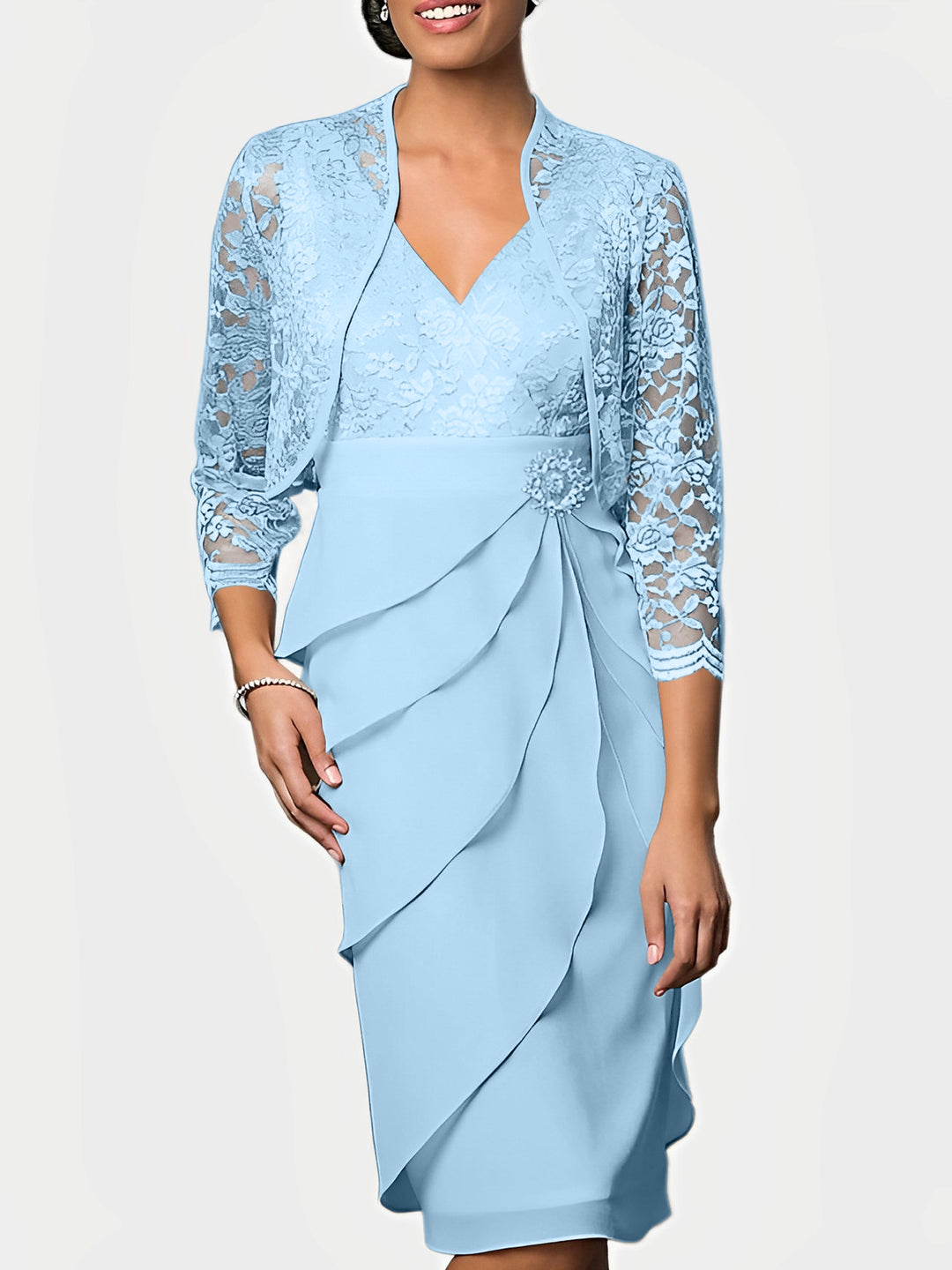 Sheath/Column V-Neck Knee-Length Mother of the Bride Dresses - Mondressy Sheath/Column V-Neck Knee-Length Mother of the Bride Dresses - Mondressy